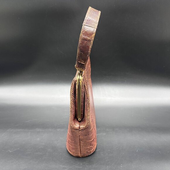 Vintage Purse Lizard Leather Handbag Lesco Mid Century Brown Gold Hardware Retro - Picture 3 of 16